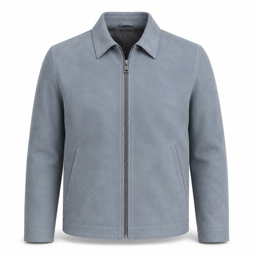 Men's Mist Grey Blue Leather Jacket, Plain Dutch Commuter Cut