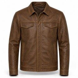Men's Oak Brown Leather Jacket, Light Outdoor Belgian Plain Cut