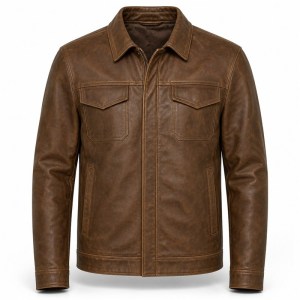 Men's Oak Brown Leather Jacket, Light Outdoor Belgian Plain Cut