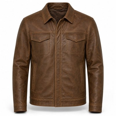 Men's Oak Brown Leather Jacket, Light Outdoor Belgian Plain Cut