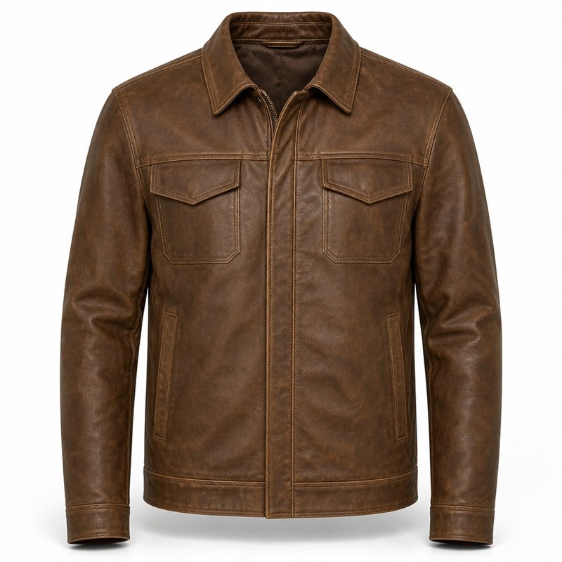 Men's Oak Brown Leather Jacket, Light Outdoor Belgian Plain Cut