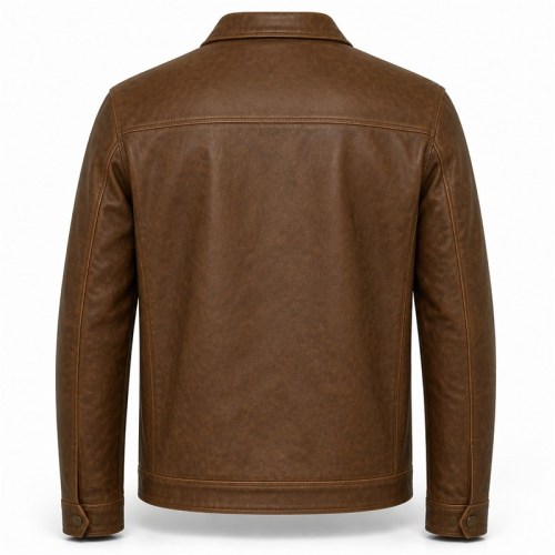 Men's Oak Brown Leather Jacket, Light Outdoor Belgian Plain Cut