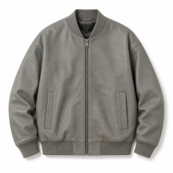 Men's Stone Wash Grey Leather Bomber Jacket, Plain Belgian Cut