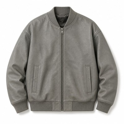 Men's Stone Wash Grey Leather Bomber Jacket, Plain Belgian Cut