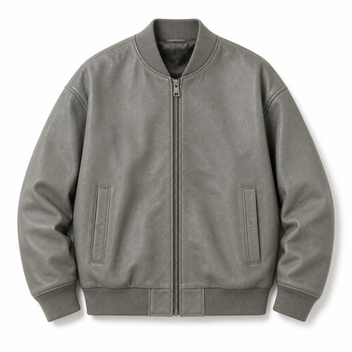 Men's Stone Wash Grey Leather Bomber Jacket, Plain Belgian Cut