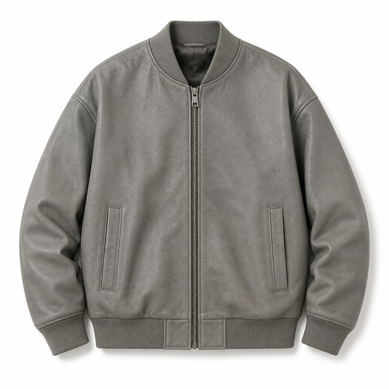 Men's Stone Wash Grey Leather Bomber Jacket, Plain Belgian Cut