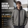 Men's Stone Wash Grey Leather Bomber Jacket, Plain Belgian Cut