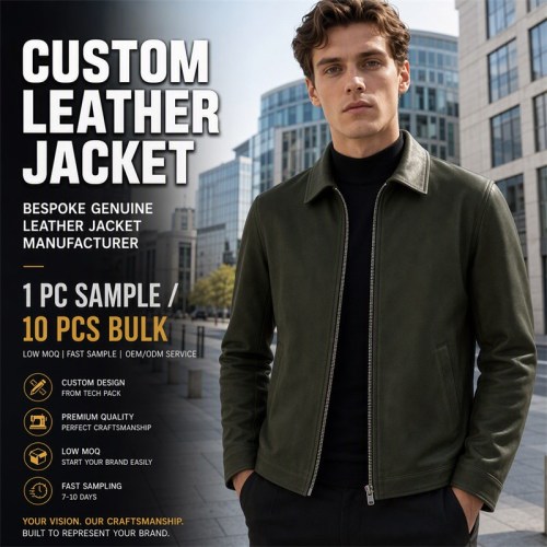 Men's Moss Deep Green Leather Jacket, Plain Belgian Commuter Cut