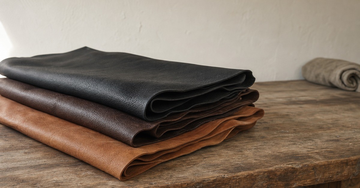 Stacked finished leather hides in black, dark brown and tan resting on a wooden workshop bench for a leather jacket article