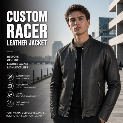 Men's Matte Black Lightweight Racer Leather Jacket, Plain Irish Cut