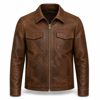 Men's Whisky Brown Leather Jacket, Coastal Casual Irish Plain Cut