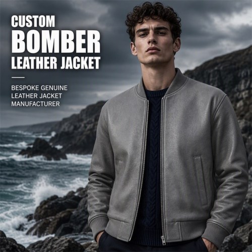Men's Sea Rock Grey Leather Bomber Jacket, Relaxed Irish Cut