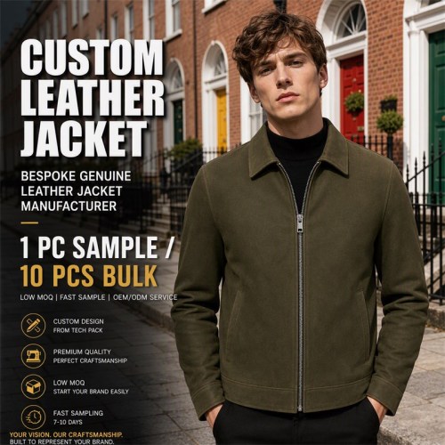 Men's Marsh Olive Green Leather Jacket, Plain Irish Commuter Cut