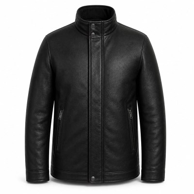 Men's Heavy Black Windproof Leather Jacket, Plain Russian Cut