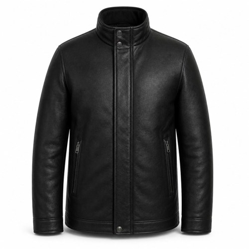 Men's Heavy Black Windproof Leather Jacket, Plain Russian Cut
