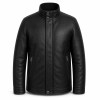 Men's Heavy Black Windproof Leather Jacket, Plain Russian Cut