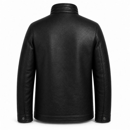 Men's Heavy Black Windproof Leather Jacket, Plain Russian Cut