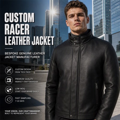 Men's Heavy Black Windproof Leather Jacket, Plain Russian Cut