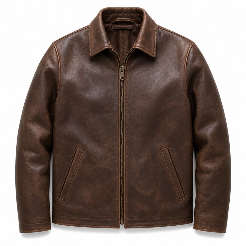 Men's Deep Brown Veg Tanned Leather Jacket, Plain Russian Cut