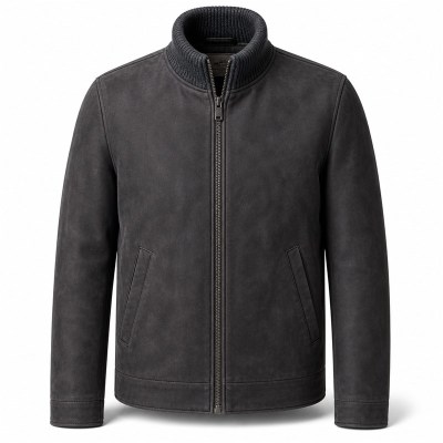Men's Anthracite Grey Leather Jacket with Wool Collar, Russian Cut