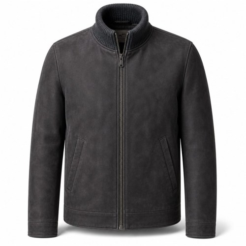 Men's Anthracite Grey Leather Jacket with Wool Collar, Russian Cut