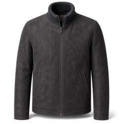 Men's Anthracite Grey Leather Jacket with Wool Collar, Russian Cut