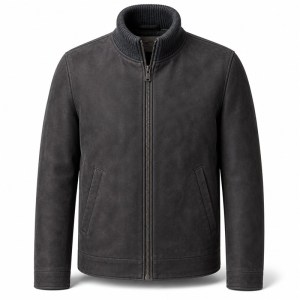 Men's Anthracite Grey Leather Jacket with Wool Collar, Russian Cut