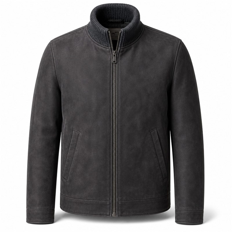 Men's Anthracite Grey Leather Jacket with Wool Collar, Russian Cut