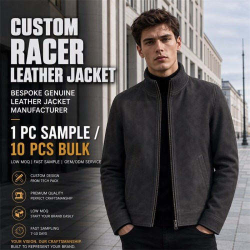 Men's Anthracite Grey Leather Jacket with Wool Collar, Russian Cut