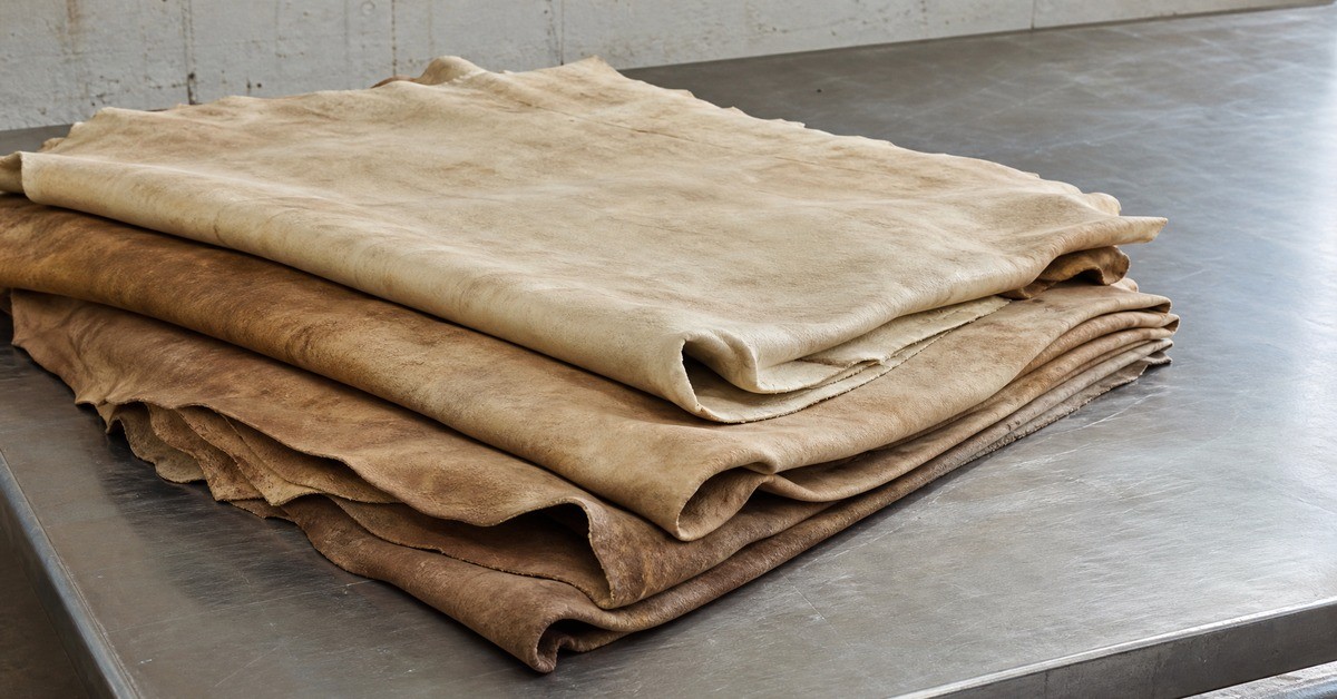 Folded tan and brown cattle hides stacked on a stainless steel tannery table for a leather jacket sourcing article