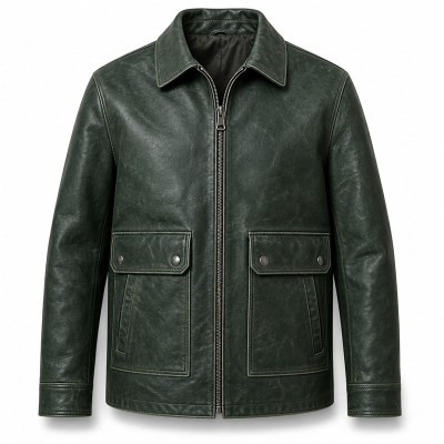 Men's Deep Sea Green Leather Jacket, Plain Russian Outdoor Cut