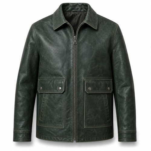 Men's Deep Sea Green Leather Jacket, Plain Russian Outdoor Cut