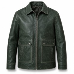 Men's Deep Sea Green Leather Jacket, Plain Russian Outdoor Cut