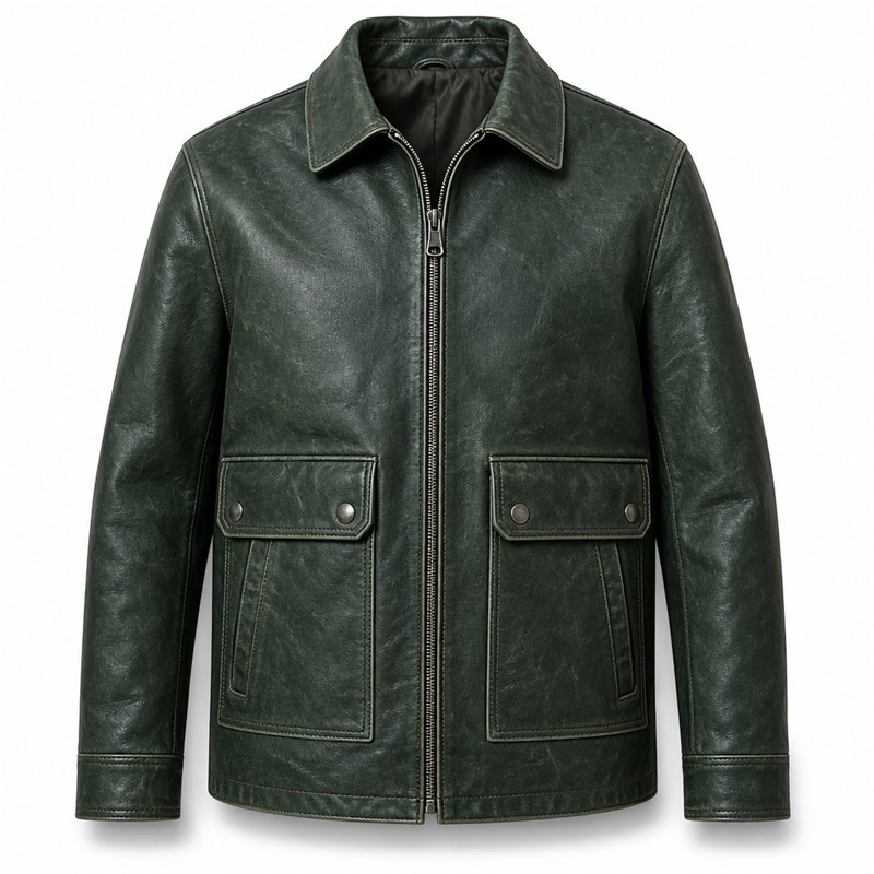 Men's Deep Sea Green Leather Jacket, Plain Russian Outdoor Cut