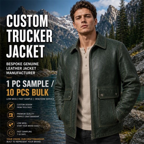 Men's Deep Sea Green Leather Jacket, Plain Russian Outdoor Cut