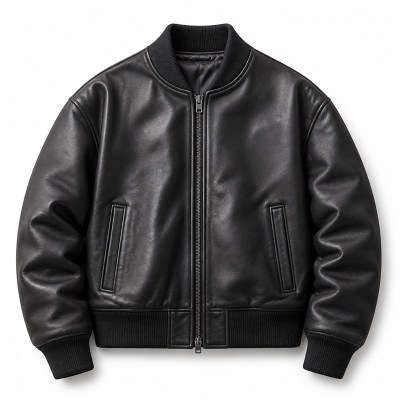 Men's Jet Black Thick Leather Bomber Jacket, Plain Russian Cut