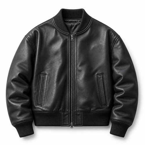 Men's Jet Black Thick Leather Bomber Jacket, Plain Russian Cut