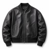 Men's Jet Black Thick Leather Bomber Jacket, Plain Russian Cut
