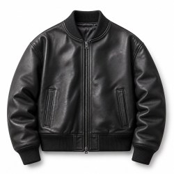 Men's Jet Black Thick Leather Bomber Jacket, Plain Russian Cut