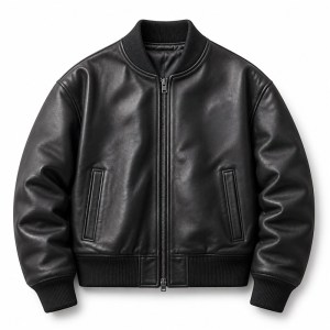 Men's Jet Black Thick Leather Bomber Jacket, Plain Russian Cut