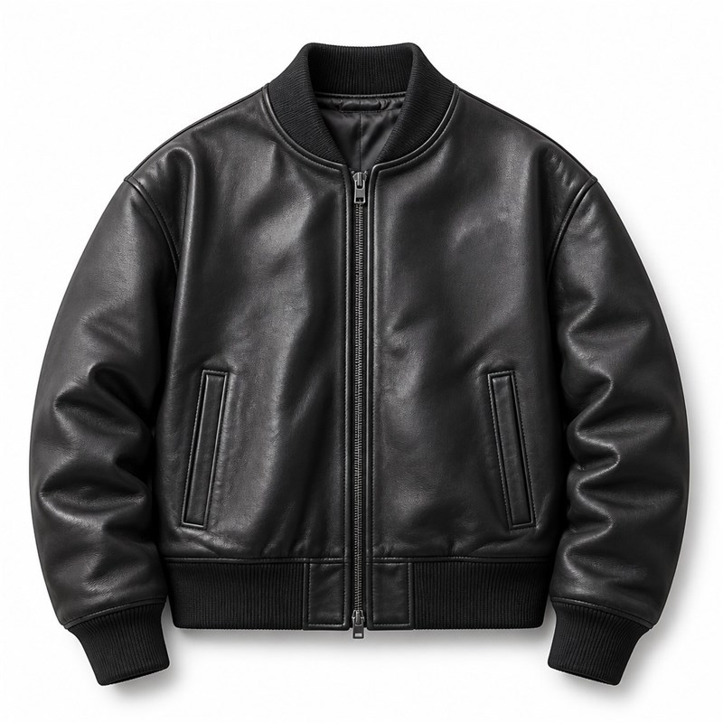 Men's Jet Black Thick Leather Bomber Jacket, Plain Russian Cut