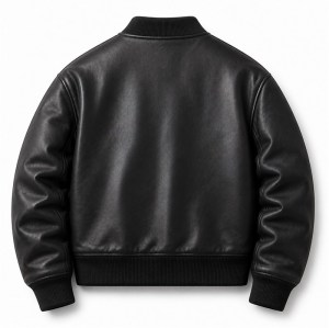 Men's Jet Black Thick Leather Bomber Jacket, Plain Russian Cut