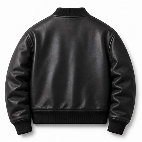 Men's Jet Black Thick Leather Bomber Jacket, Plain Russian Cut
