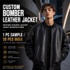 Men's Jet Black Thick Leather Bomber Jacket, Plain Russian Cut