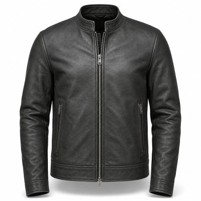 Men's Matte Black Thick Cafe Racer Leather Jacket, Plain Ukrainian Cut