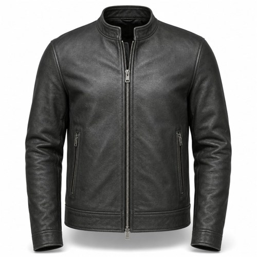 Men's Matte Black Thick Cafe Racer Leather Jacket, Plain Ukrainian Cut