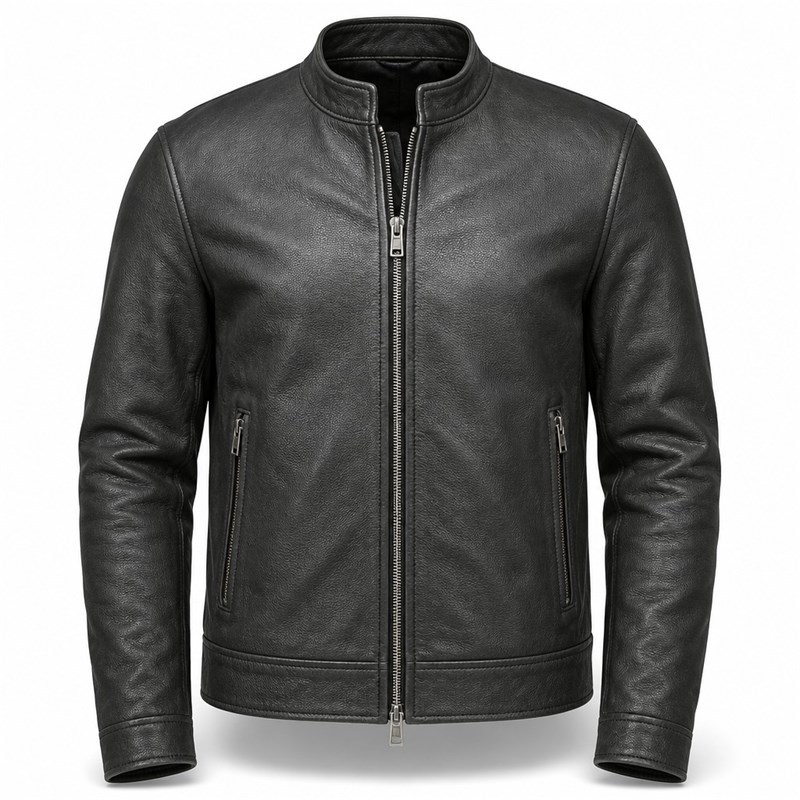 Men's Matte Black Thick Cafe Racer Leather Jacket, Plain Ukrainian Cut
