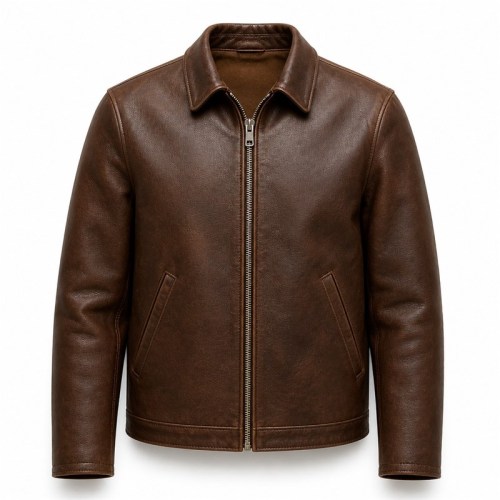 Men's Walnut Brown Heavy Veg Tanned Leather Jacket, Plain Ukrainian Cut