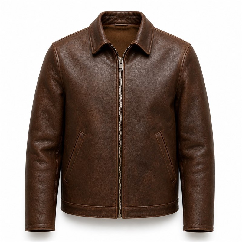 Men's Walnut Brown Heavy Veg Tanned Leather Jacket, Plain Ukrainian Cut
