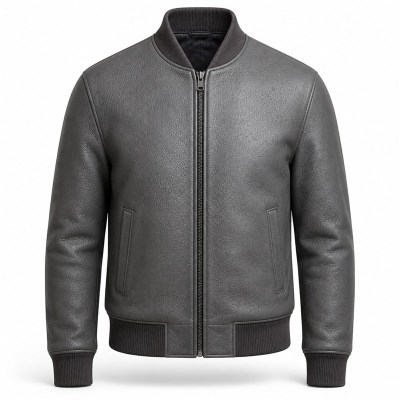 Men's Carbon Rock Grey Tailored Leather Bomber Jacket, Ukrainian Cut